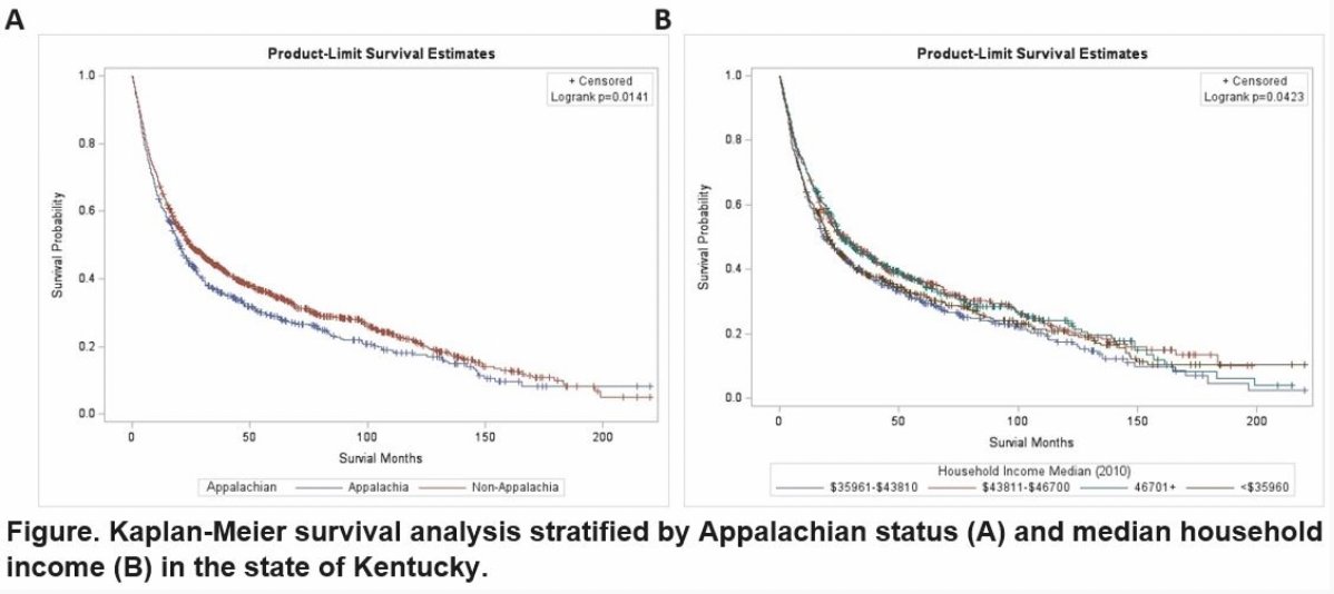 Kaplan Meier survival analysis stratified by Appalachian status and median household income 