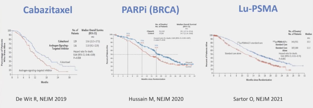 cabazitaxel (CARD trial), PARP inhibitors (PROfound trial), and LuPSMA (VISION trial)