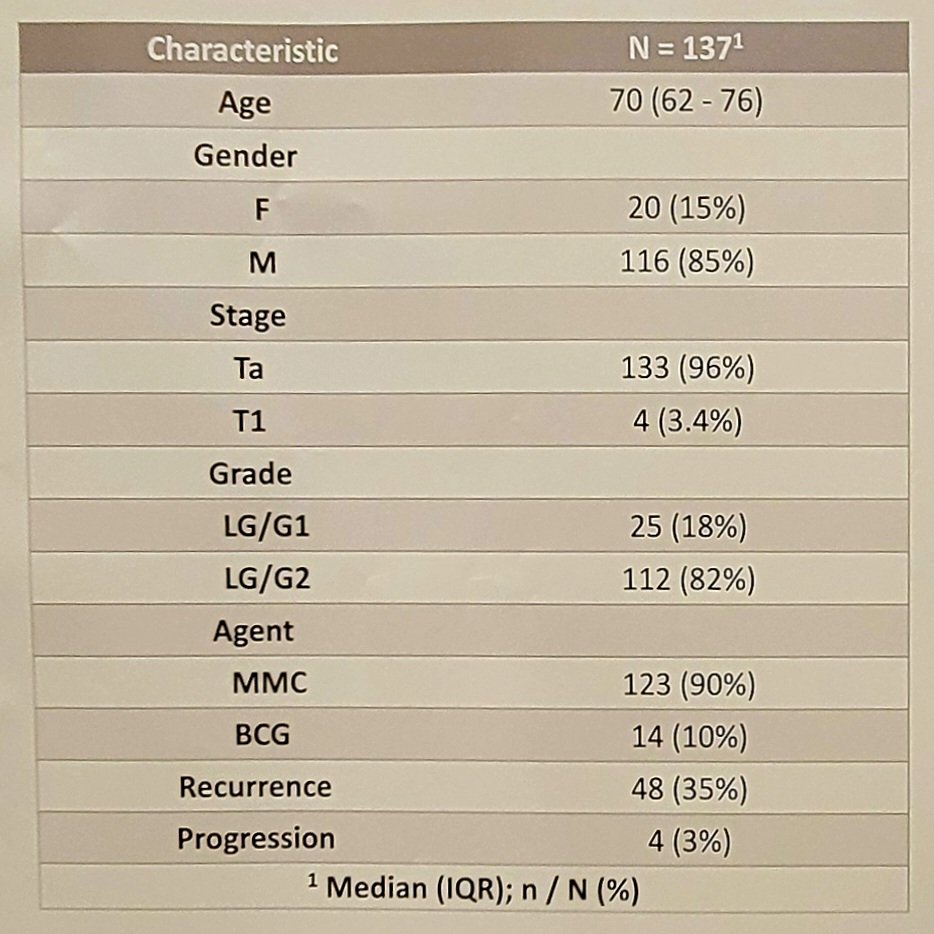patient characteristics 280 low risk and intermediate risk non-muscle invasive bladder cancers according to the international bladder cancer group (IBCG) definition treated with TURBT and subsequent mitomycin C or BCG intravesical instillation from 2010 to 2022 at a tertiary referral center