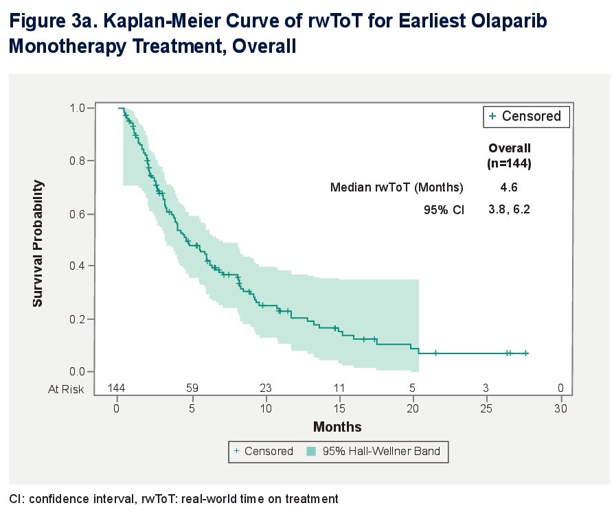 The overall median time-on-therapy for earliest olaparib monotherapy treatment was 4.6 (95% Cl: 3.8, 6.2) months.