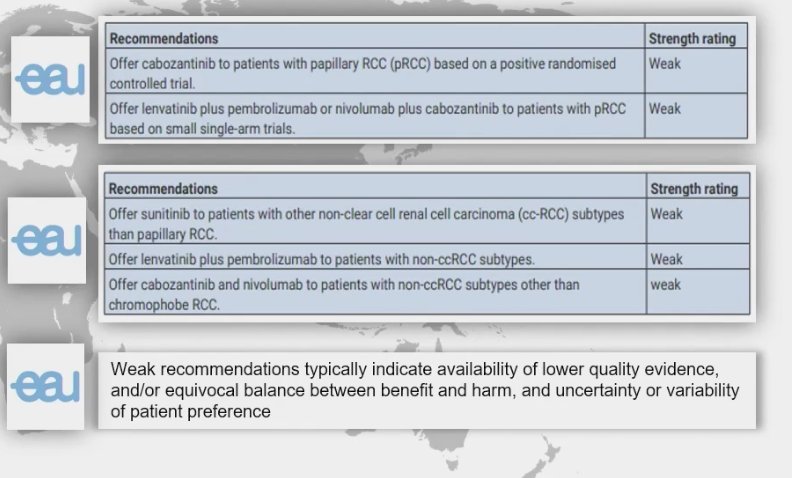 Cabozantinib stands out as a prominent option. However, upon reviewing the European Association of Urology (EAU) RCC guidelines, both Cabozantinib and sunitinib receive only a weak recommendation