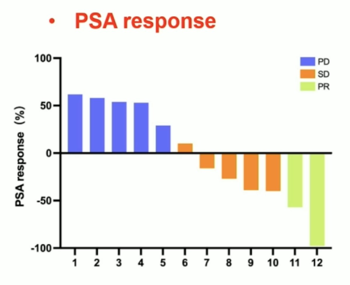 PSA response in dose level 1 group showed stable disease (66.67%) and partial response (16.67%), in dose level 2 group showed stable disease (66.67%), and in dose level 3 group showed stable disease (66.7%) and partial response (66.7%)