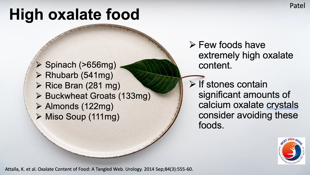  Some high-oxalate foods include spinach, rhubarb, and almonds, which should be limited in patients with CaOx stones. Rather than overwhelming patients with lists