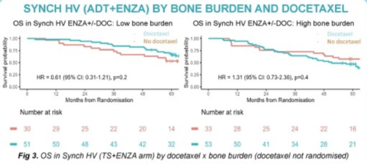 Patients with M1-HV receiving ADT+Enzalutamide did not have significantly different OS by treatment with docetaxel within bone burden subgroups (low/high), in non-randomized patients.