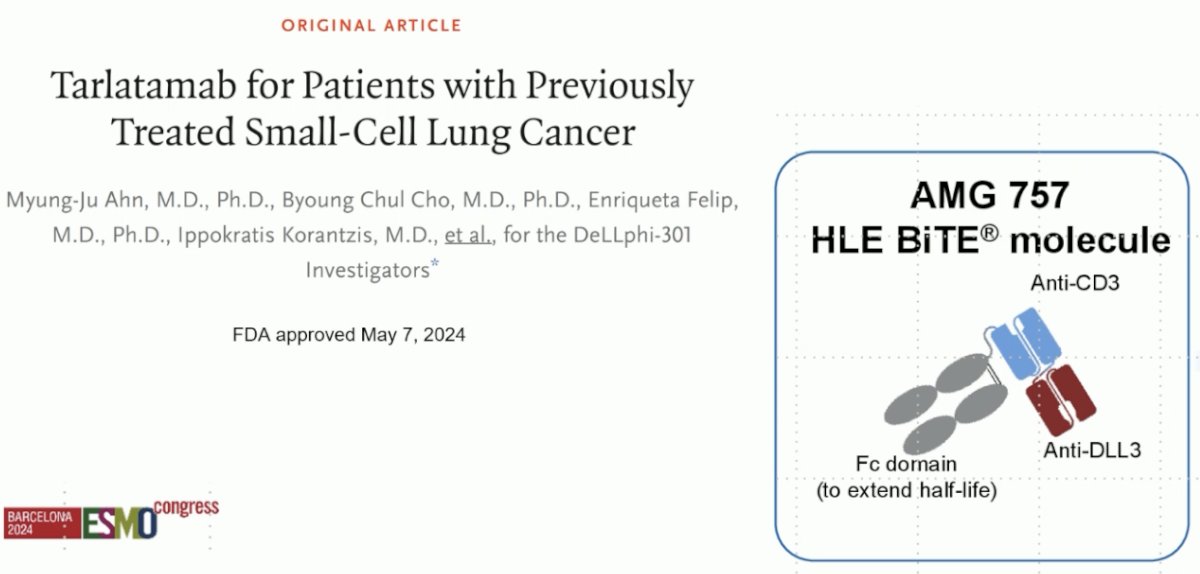 Tarlatamab is a DLL3 targeted, bi-specific T cell engager approved in May 2024 for previously treated small cell lung cancer patients