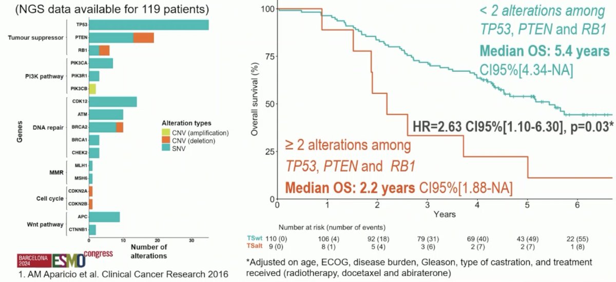 Specifically, < 2 alterations among TP53, PTEN, and RB1 had a median overall survival of 5.4 years (95% CI 4.34 – not reached) versus >= 2 alterations among TP53, PTEN, and RB1 with a median overall survival of 2.2 years (95% CI 1.88 – not reached; HR 2.63, 95% CI 1.10 – 6.30)