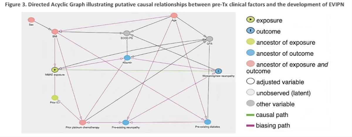 Illustrated below is the DAG of potential causative relationships between pre-treatment clinical factors and the development of EV-associated peripheral neuropathy.