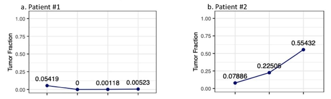 Patient 1 demonstrates that when the sample has reached minimal residual disease negative status, the samples maintained a low tumor fraction status, even though the minimal residual disease status may still fluctuate. Patient 2 developed a recurrence, with the tumor fraction surge observed in the urine minimal residual disease test predating clinical confirmation by 6 months