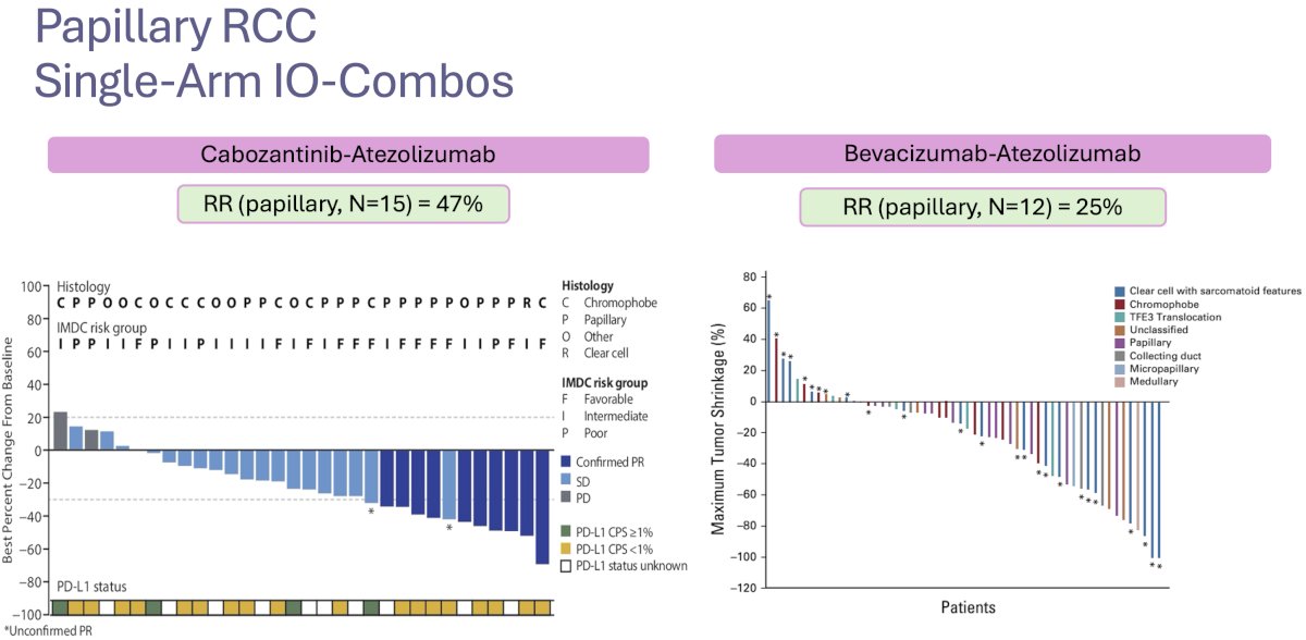 single arm trials of ICI combinations have been published, with the combination of cabozantinib + atezolizumab demonstrating an ORR of 47%, whereas the combination of bevacizumab + atezolizumab demonstrating more limited activity with an ORR of only 25%