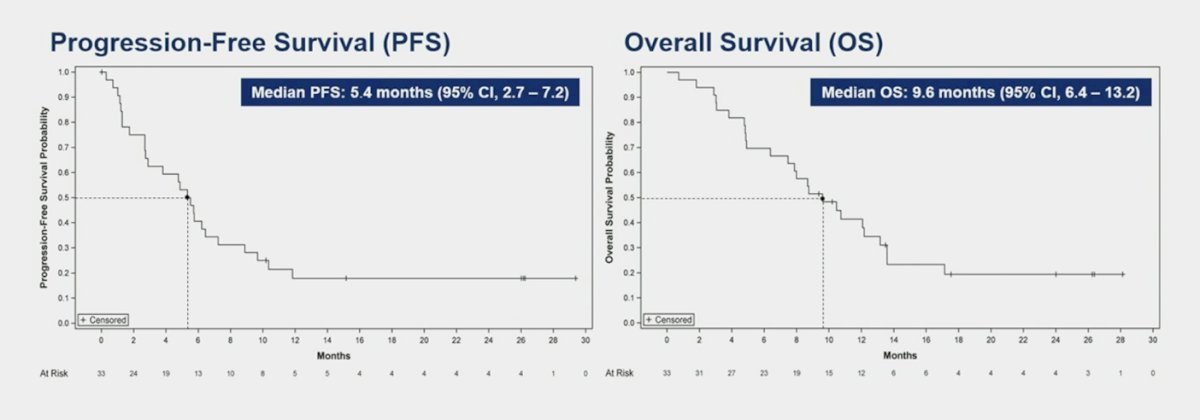 median duration of response was 6 months, and the median time to response was 1.4 months. The median progression-free survival was 5.4 months, and the median overall survival was 9.6 months