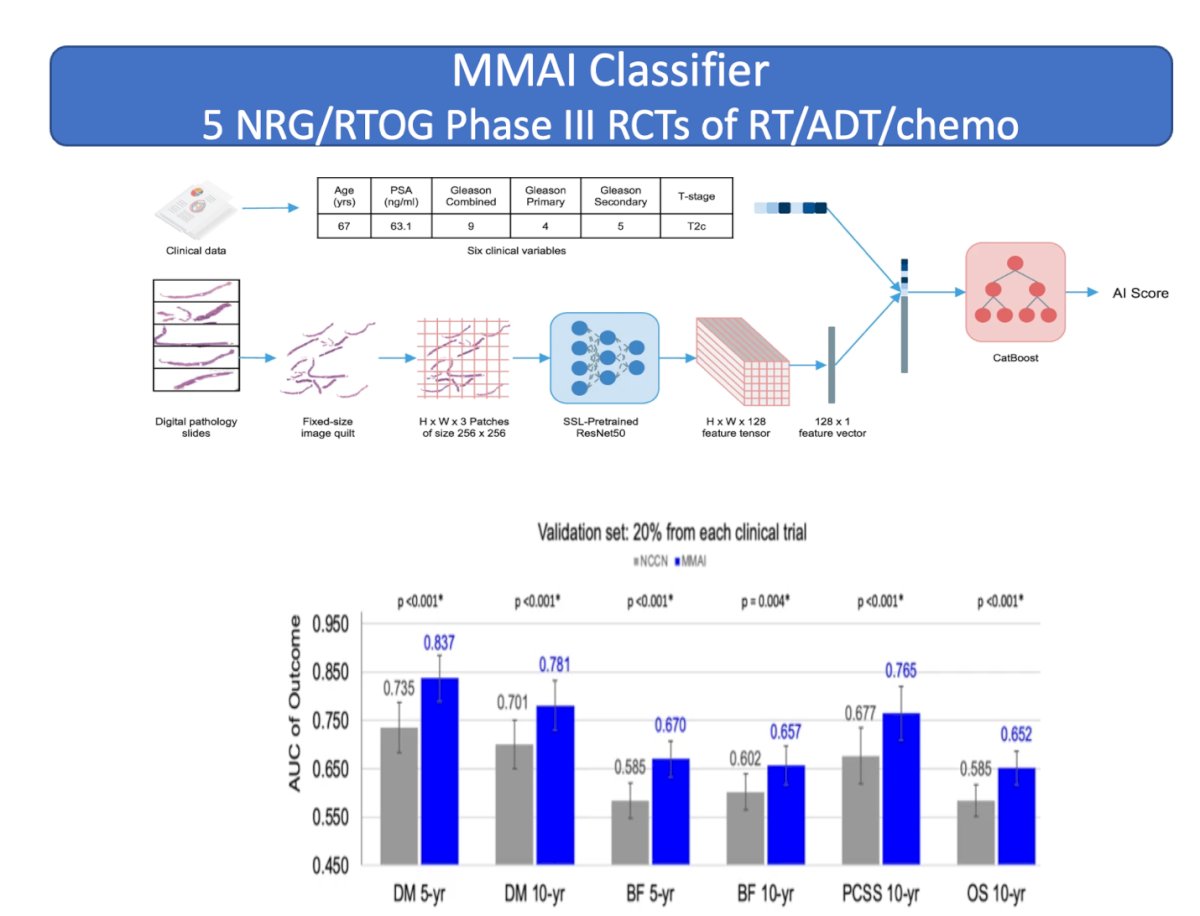 The MMAI model consistently outperformed the NCCN risk groups across all tested outcomes, including distant metastasis at 5 and 10 years, biochemical failure at 5 and 10 years, prostate cancer-specific survival, and overall survival, when comparing the performance results for the validation set