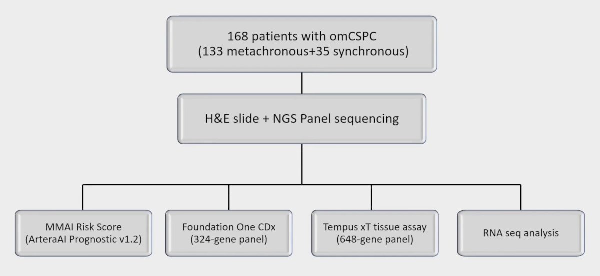 Dr. Song and investigators correlated somatic pathogenic mutations and ArteraAI MMAI scores from 168 oligometastatic castration sensitive prostate cancer patients (133 metachronous and 35 synchronous). RNAseq profiling was performed on a subset of 65 metachronous patients, and somatic nonsynonymous pathogenic mutations from panel DNAseq were identified using Mutect2 and ClinVAR database