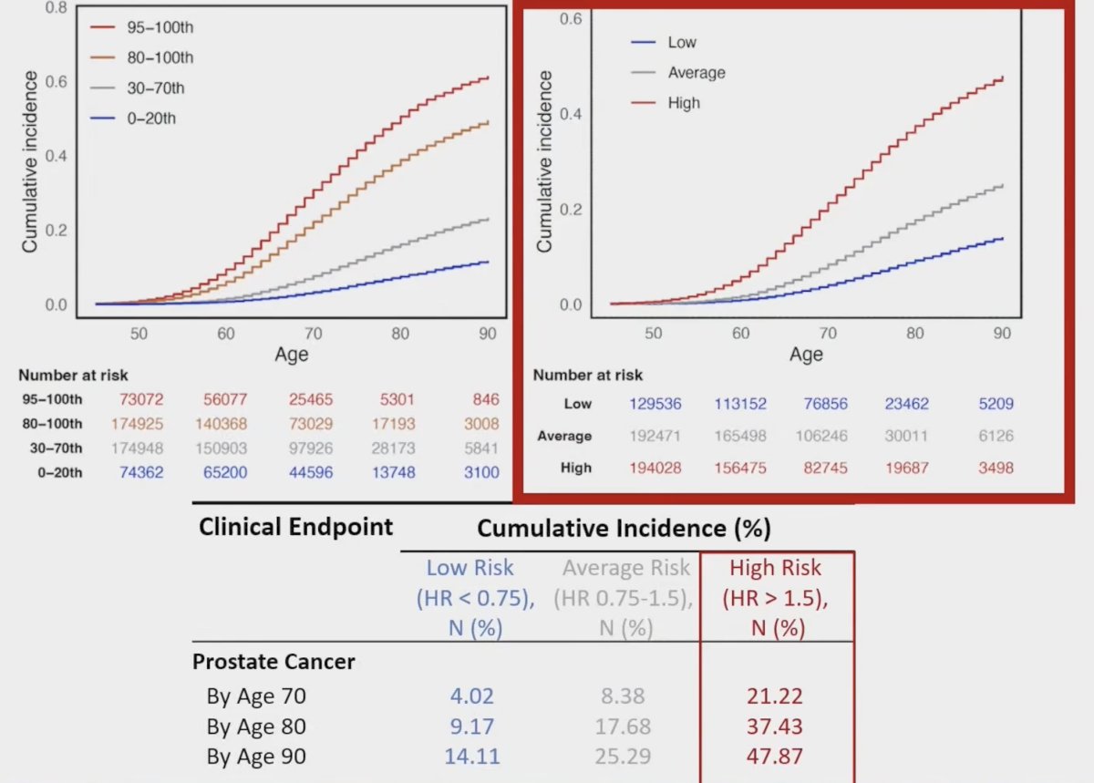 The following shows the cumulative incidence curves, as well as highlighting that those men with high risk, have a 21.2% risk of developing prostate cancer by age 70