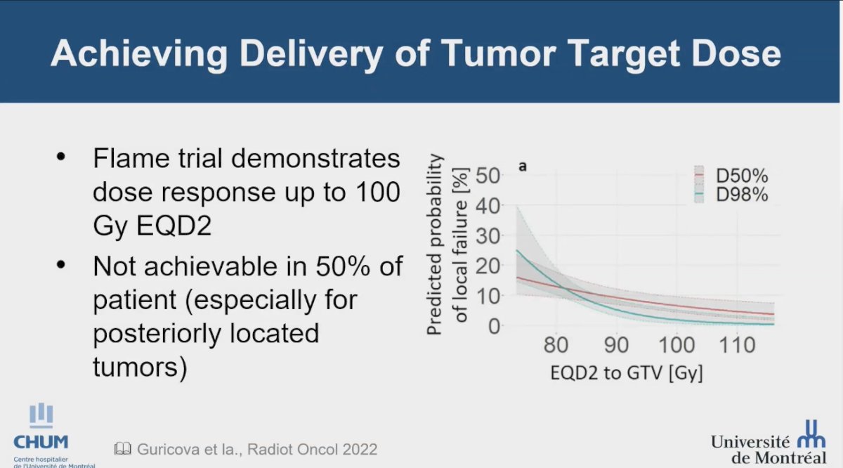 Dr. Menard revisited the FLAME study, highlighting its role as an isotoxic dosimetry trial. She pointed out the opportunity to model dose response up to 110 Gy EQD2, demonstrating a therapeutic response up to 100 Gy EQD2