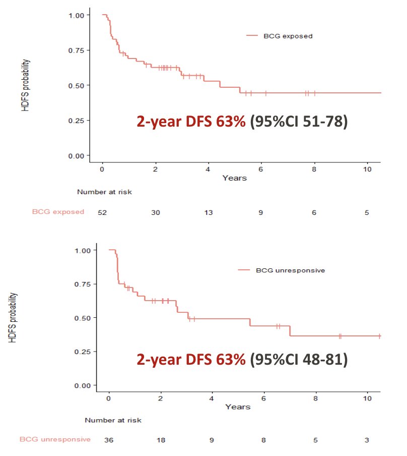 The median follow-up was 4.2 years (IQR 2.5-8.5). For BCG-exposed patients, treatment with additional BCG resulted in complete response in 41 (79%) patients with a median duration of response among responders of 169 months (95% CI 52 months - NR)