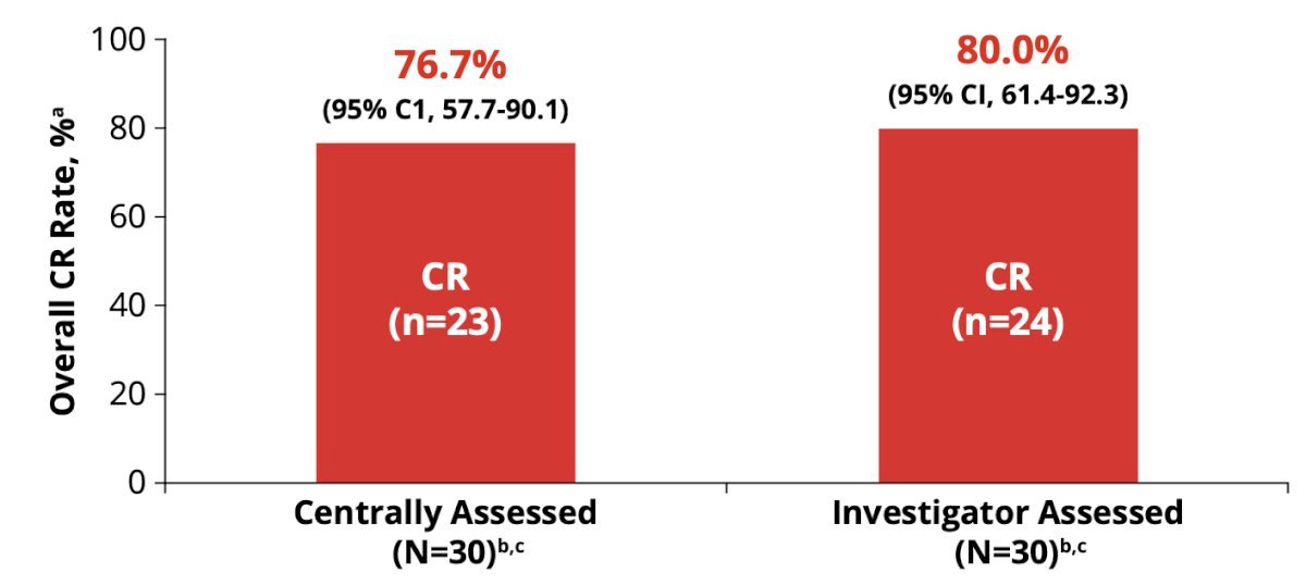 Complete response rate by investigator assessment was comparable with central results (80.0% and 76.7%)