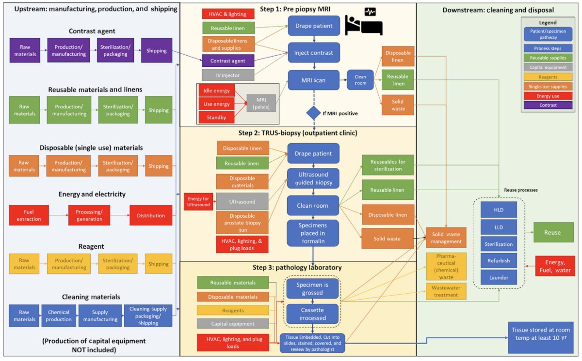 Assessing the prostate biopsy life cycle, there is an environmental impact over the course of the entire life cycle of a product, material, process or other measurable activity