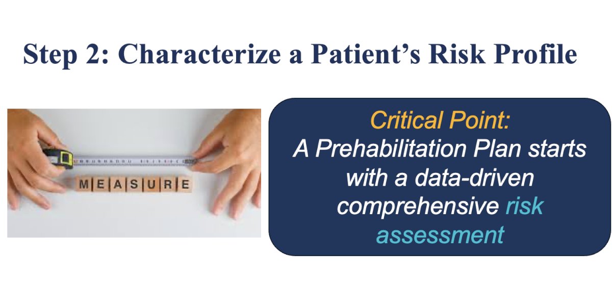 The second step is to identify the specific problems that need to be addressed by characterizing a patient's risk profile. A critical point in this process is that a prehabilitation plan should start with a data-driven comprehensive risk assessment.