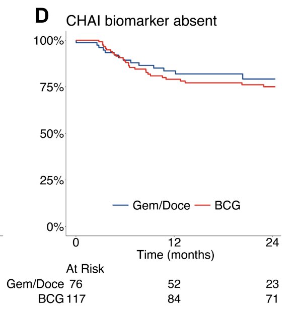 The 24 month high grade recurrence free survival in gemcitabine and docetaxel treated cases was 94% versus 57% in those receiving BCG (p < 0.001). Among CHAI biomarker negative cases, there was no significant difference in high grade recurrence free survival between gemcitabine and docetaxel versus BCG treated cases (HR 1.2, 95% CI 0.6 – 2.3, p = 0.50)