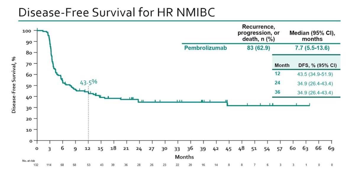 The 12-month disease-free survival rate (primary outcome) was 43.5% (95% CI: 35 to 52%), and the corresponding 24- and 36-months rates were 35% for both