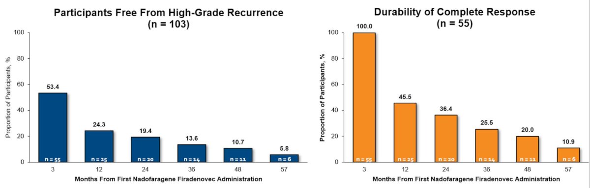 The median duration of high grade recurrence free survival was 12.35 months (95% CI 6.67-NE) in patients with papillary disease, and progression to muscle invasive disease occurred in 8 patients (5.3%).