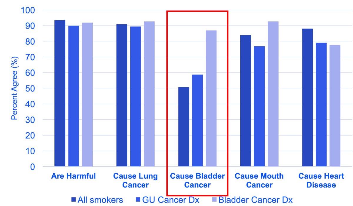 Work from Dr. Matulewicz’s group used the Population Assessment of Tobacco and Health (a longitudinal nationally representative survey) to ascertain that among the weighted estimate of 44 million US adult smokers, people are markedly less aware of the connection between smoking and bladder cancer than other prevalent smoking-related disease such as lung cancer, mouth cancer, or heart disease