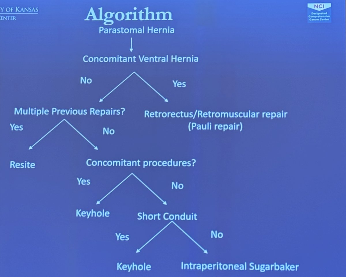 Dr. Wyre concluded his presentation by showing an algorithm for parastomal hernia repair that works for him