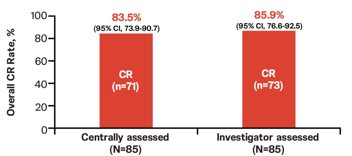 The centrally assessed complete response rate was 83.5 (71/85), and the investigator assessed complete response rate was 85.9% (73/85)