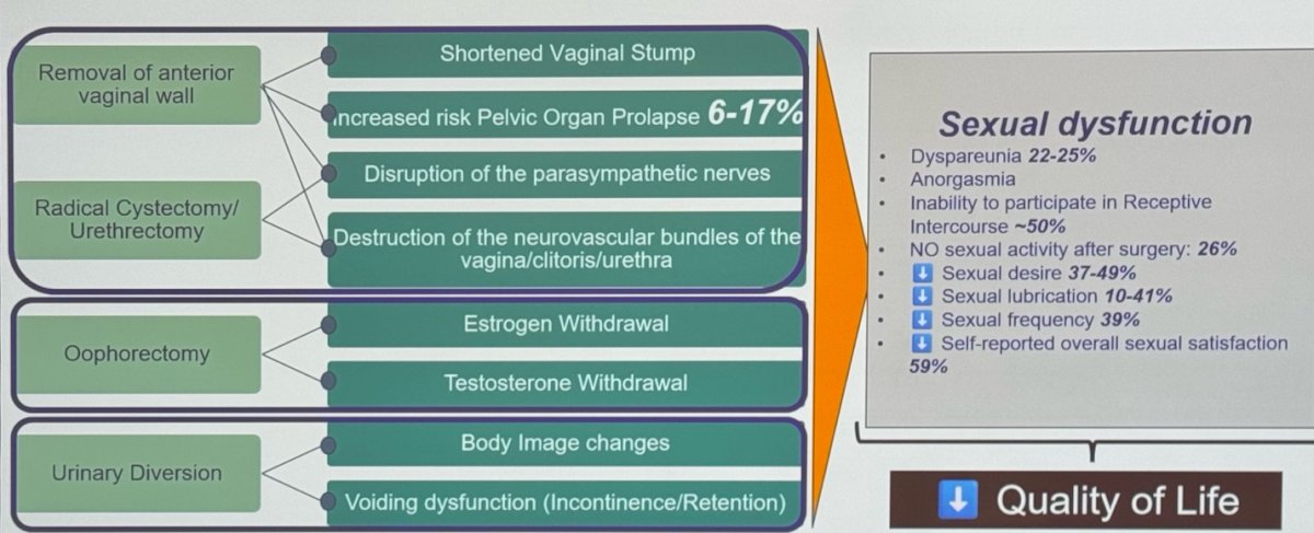 The implications of not using reproductive organ-sparing approaches are vast, as illustrated in the figure below. Given the extent of the surgery, the removal of the ovaries alone leads to estrogen and testosterone withdrawal, which has numerous consequences. Furthermore, sexual dysfunction in women is not uncommon post-surgery. Approximately 22-25% experience dyspareunia, and up to 50% report complete inability to participate in receptive intercourse. Furthermore, up to a third have no sexual activity after surgery. These issues significantly impact the quality of life of our patients.