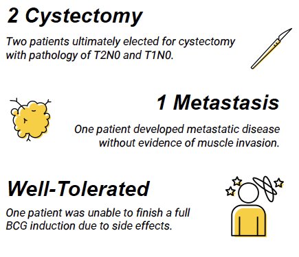 Two patients ultimately elected for cystectomy with pathology of pT2N0 and pT1N0. One patient developed metastatic urothelial carcinoma despite a lack of muscle invasive disease. One patient was unable to finish a full BCG induction due to side effects.