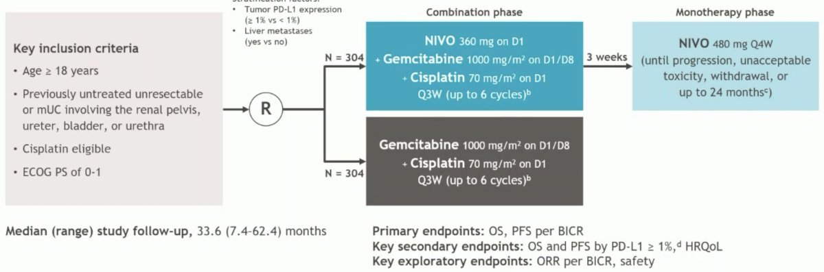 CheckMate 901, a phase 3, multinational, open-label study that randomized treatment-naïve patients with unresectable/mUC to receive nivolumab (360 mg) plus gemcitabine–cisplatin for up to six cycles, followed by nivolumab for a maximum of 2 years, or gemcitabine–cisplatin alone for six cycles