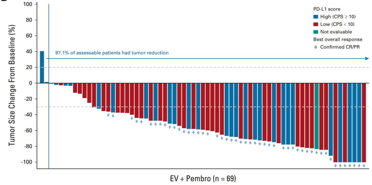 This Phase 3 study evaluated EV in combination with pembrolizumab versus chemotherapy as a first-line treatment for locally advanced or metastatic urothelial carcinoma (la/mUC), regardless of cisplatin eligibility. EV + pembrolizumab showed high response rates independent of PD-L1 status