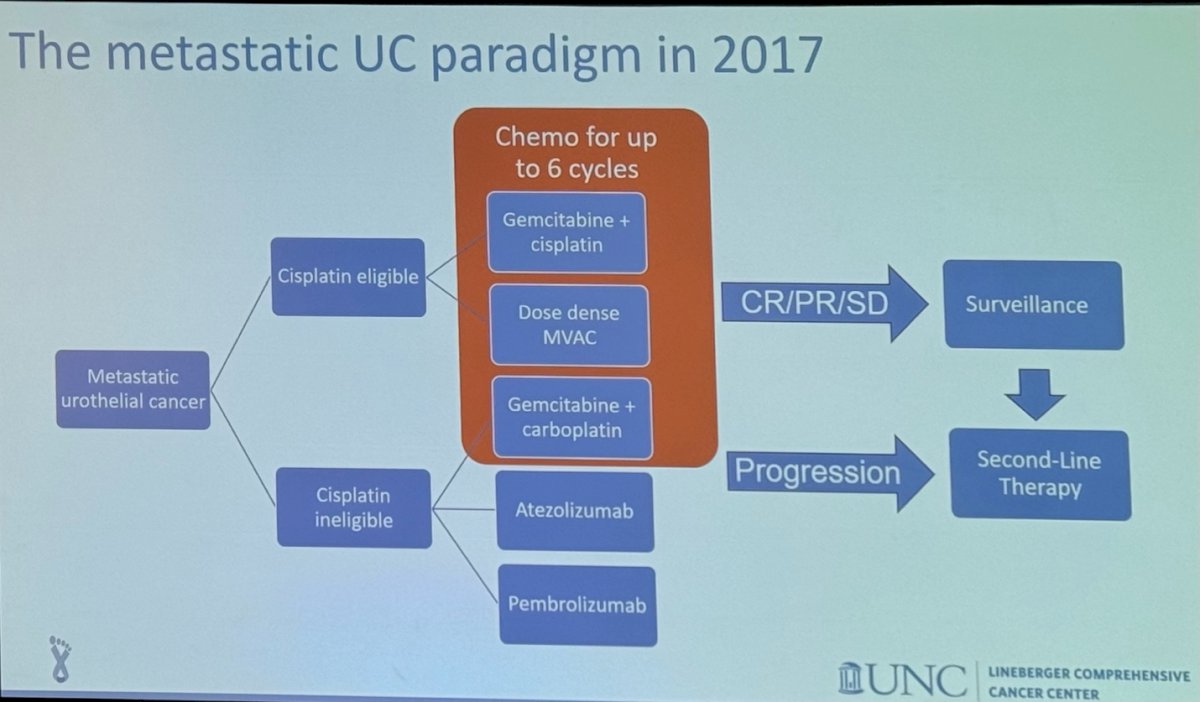 The treatment paradigm for mUC changed with the publication of these studies, and as a result, Atezolizumab and Pembrolizumab were both added as treatment options for cisplatin-ineligible patients with mUC