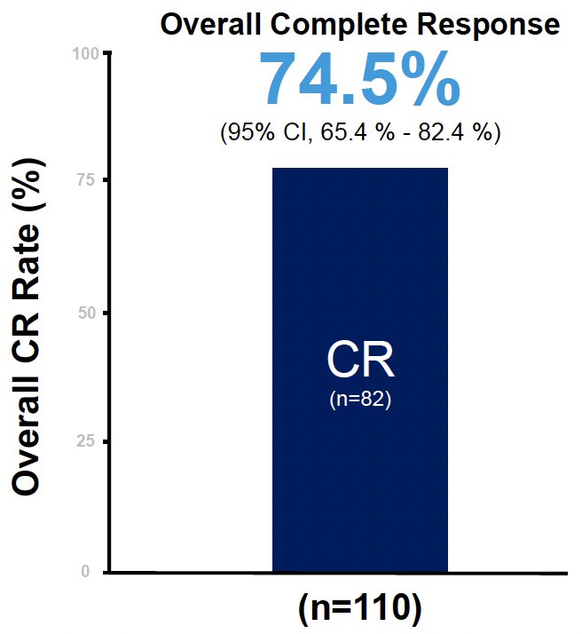 The overall complete response rate at any time was 74.5% (95% CI: 65.4–82.4%). At 12 months, the complete response rate was 46–50%, and 41% at 24 months