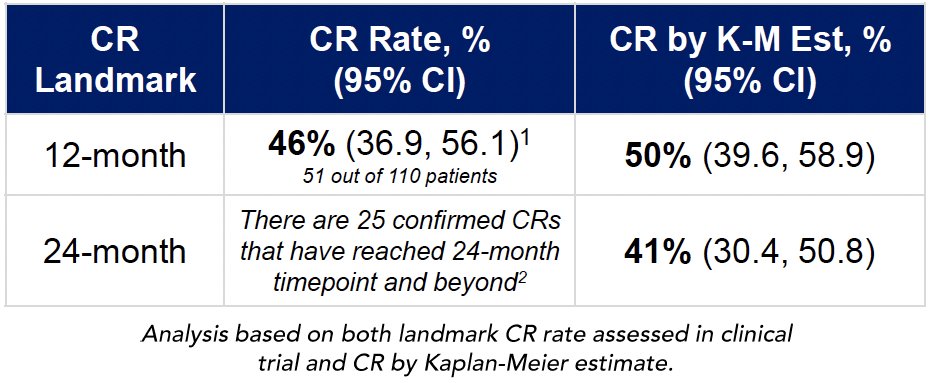 The overall complete response rate at any time was 74.5% (95% CI: 65.4–82.4%). At 12 months, the complete response rate was 46–50%, and 41% at 24 months table