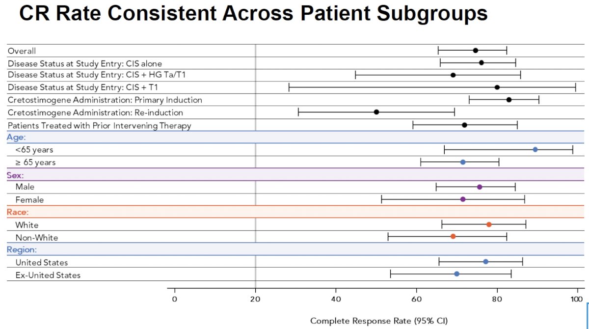 97.3% of patients remained free of disease progression to muscle-invasive disease at 12 months, and the 12 months cystectomy-free survival rate was 90%. The complete responses rates, which were centrally confirmed, were consistent across patient subgroups