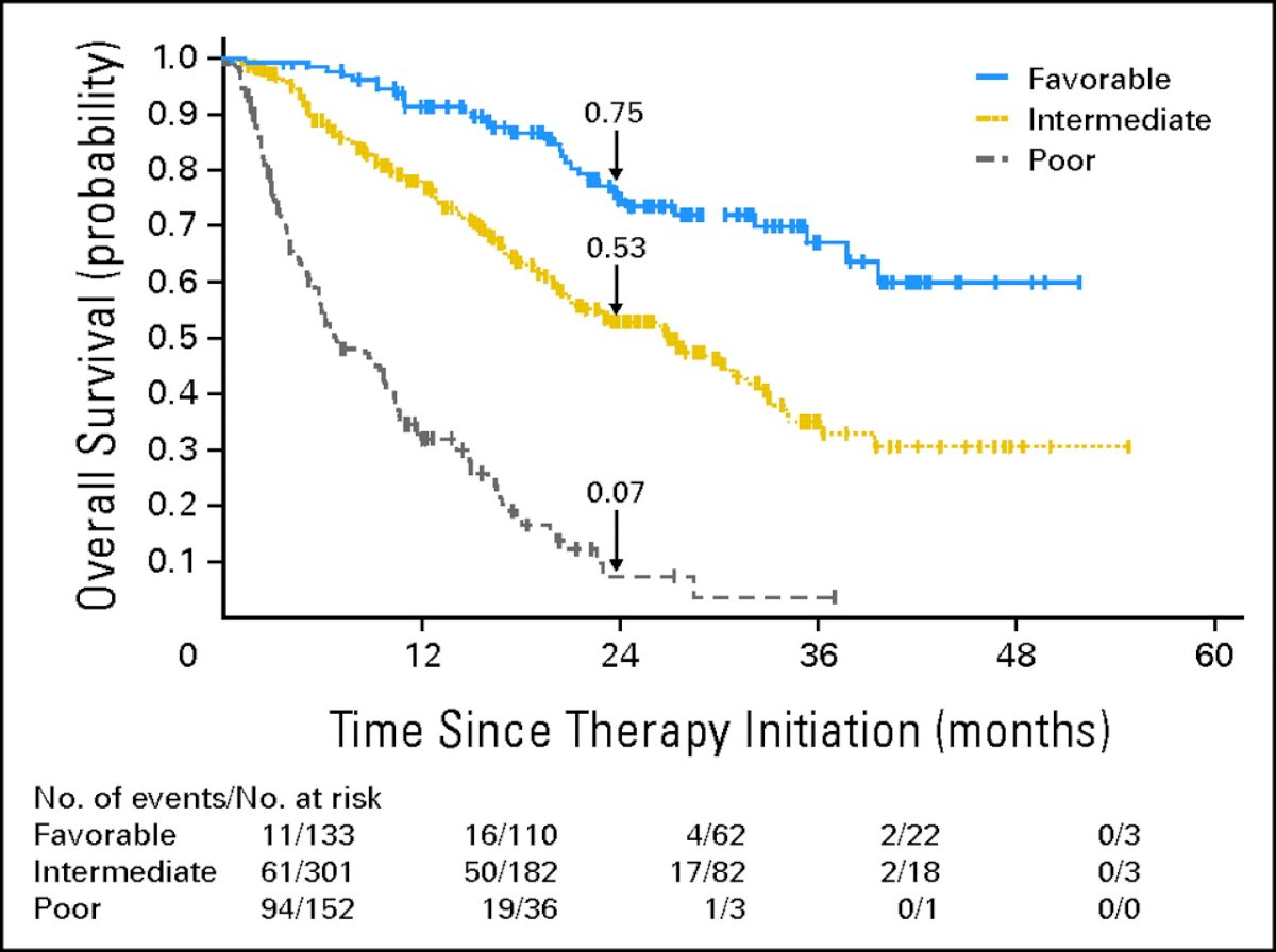 These risk categories have been shown to significantly and efficiently predict overall survival among the three subgroups and are recommended for guiding first-line therapy decisions in mRCC.