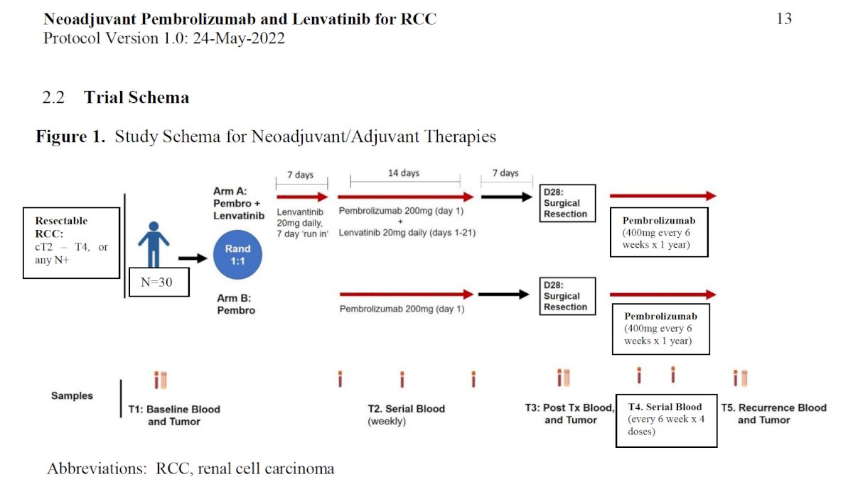 Another interesting combination in the neoadjuvant setting is neoadjuvant pembrolizumab + lenvatinib for RCC. The study enrolled patients with resectable RCC (cT2-4, any N+) and randomized them 1:1 to either lenvatinib + pembrolizumab with surgical resection at Day 28, followed by adjuvant pembrolizumab for 1 year, or pembrolizumab alone followed by surgery and adjuvant pembrolizumab for 1 year. Results are eagerly awaited.