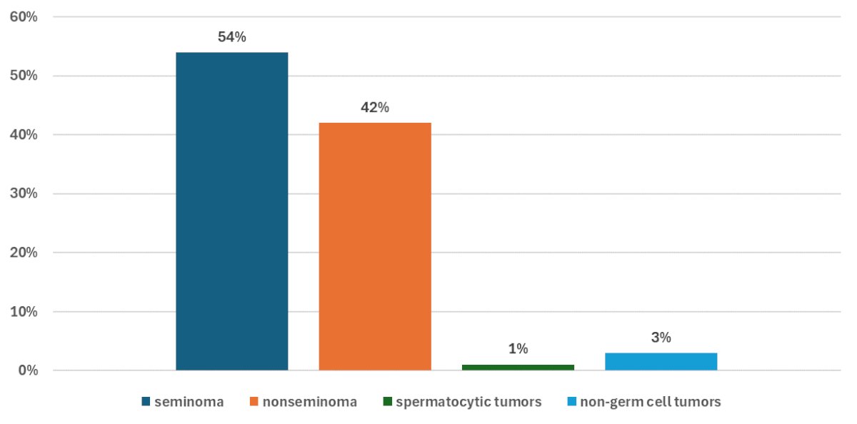 In terms of histology, seminoma was the most commonly diagnosed histology, comprising 54% of the cases. This was followed by nonseminomatous germ cell tumors (NSGCT) in 42% of cases, and non-germ cell tumors in 3% of cases