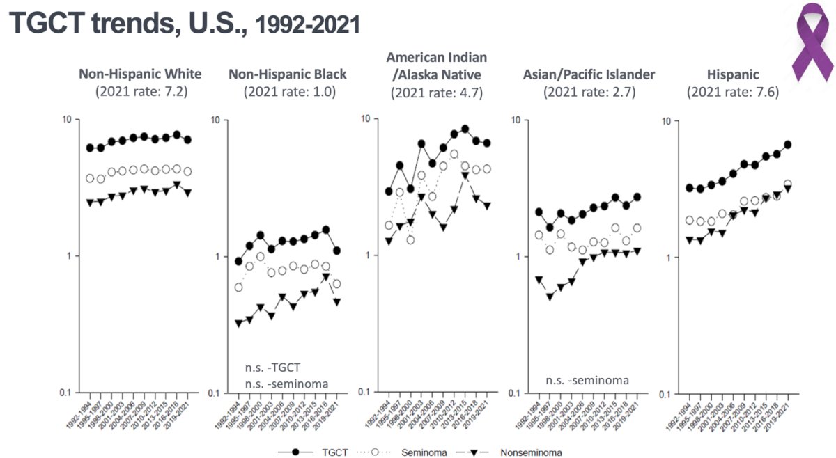 The incidence of TGCT among non-Hispanic White men seem to be plateauing, with an adjusted standardized ratio (ASR) of 7.2 per 100,000 person-years in 2021. Interestingly, the incidence rates among Hispanic men have increased to levels comparable to those of non-Hispanic White men, reaching an ASR of 7.6 per 100,000 person-years. Incidence rates among non-Hispanic Black men have remained low (ASR 1.0)