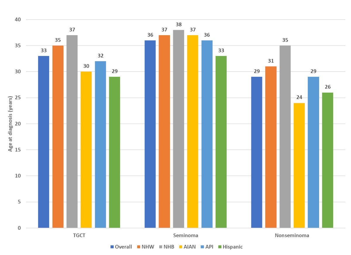 The average age of diagnosis is 33 years in the overall population. Among Hispanic men, who are diagnosed the youngest, the average age is 29 years, while non-Hispanic Black men are diagnosed at an average age of 37 years. Furthermore, patients diagnosed with seminoma tend to be older, with an average age of 36 years, compared to 29 years for those diagnosed with NSGCTs